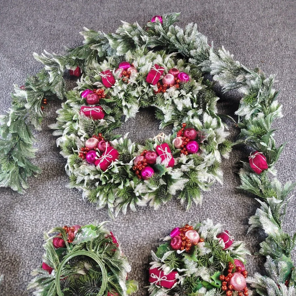 Vintage Christmas Decor Set Pink Green Frosted Garland Wreath Candle decor